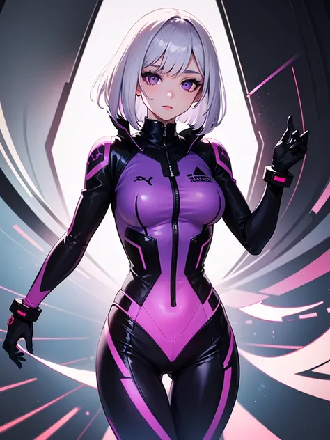 1girl, android, white hair, bob haircut, purple eyes, sci-fi bodysuit