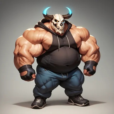 a man with big giant musclegut tall body and big fat belly using black sleeveless hoodie, black gloves, and skull mask that covers the face, mouth, and eye's. full body, standing, solo, very big, very tall, very muscular, very fat, glowing eye.