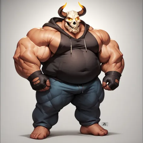 a man with big giant musclegut tall body and big fat belly using black sleeveless hoodie, black gloves, and skull mask that covers the face, mouth, and eye's. full body, standing, solo, very big, very tall, very muscular, very fat, glowing eye.