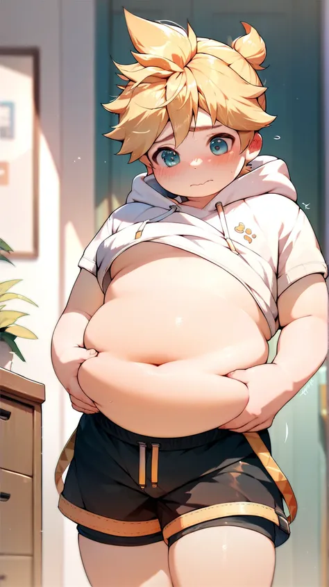 1 boy, (male ), Kagamine Len, cute, chubby, white hoodie and shorts, belly button exposed, standing in a room, face deep blushed, embarrassed, hands on his waist