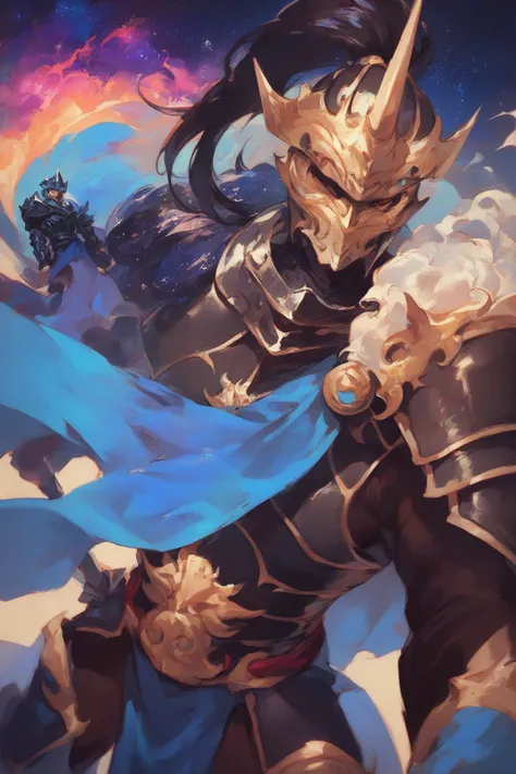 black armor, giant Black ponytail, blue cloth on the shoulder, emitting black aura, RPG style, threatening, imposing, Helmet covering the face, 90s anime style ,cosmic appearance,  ,dark, 