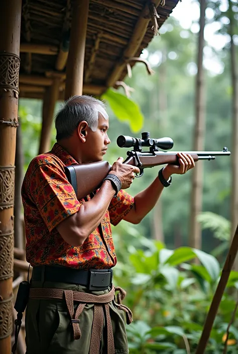 A Man  hunter who wear karen traditional shirt he is with rifle gun he love on the bamboo house on the tree.