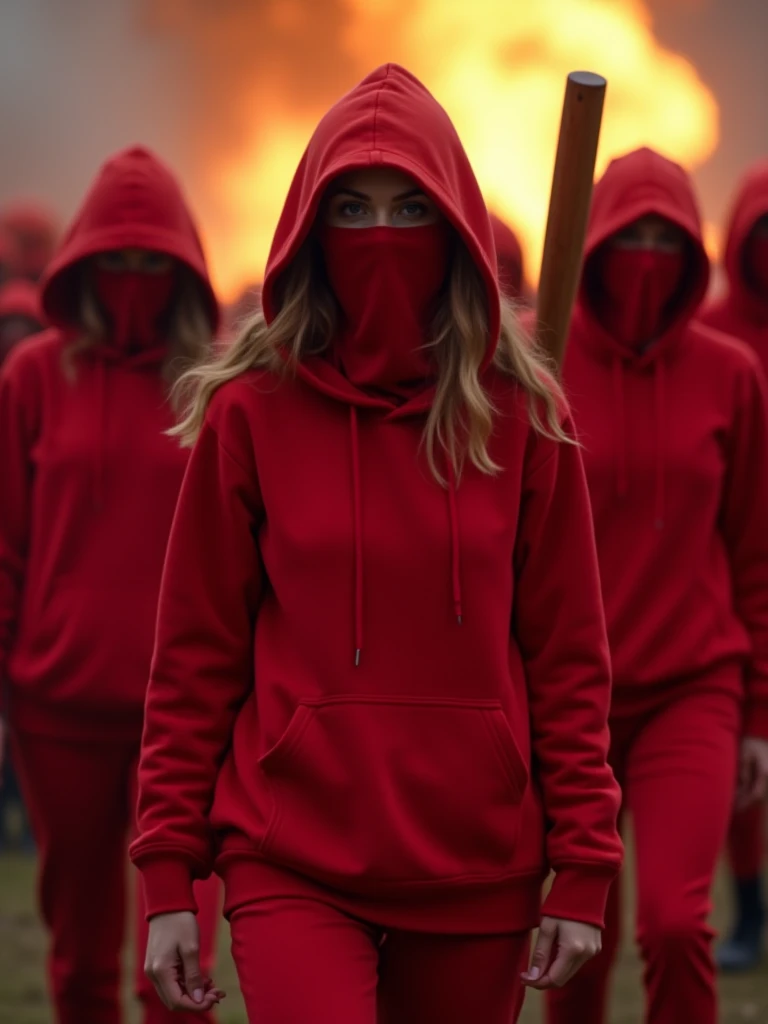 Several women in red sweatshirt clothing pants and plain coat without pockets, The hoodie of the sweatshirt over the head red mask covering half of the seat, Some holding a baseball bat, War scenario with fire behind 