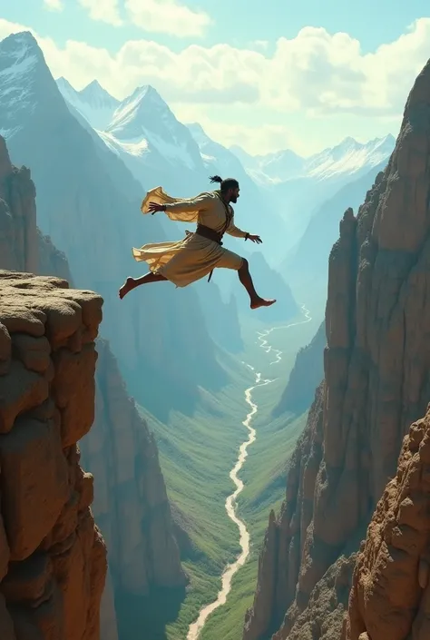 A small Berber  jumps over a valley in the middle of the mountains wearing robes  