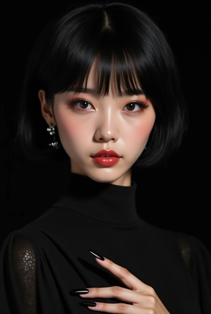 High quality picture of a realistic K-pop girl with short black hair, shiny tan skin, medium size nose, nice full lips, light makeup, sharp black eyes, shiny black clothes, sharp black nails, black background