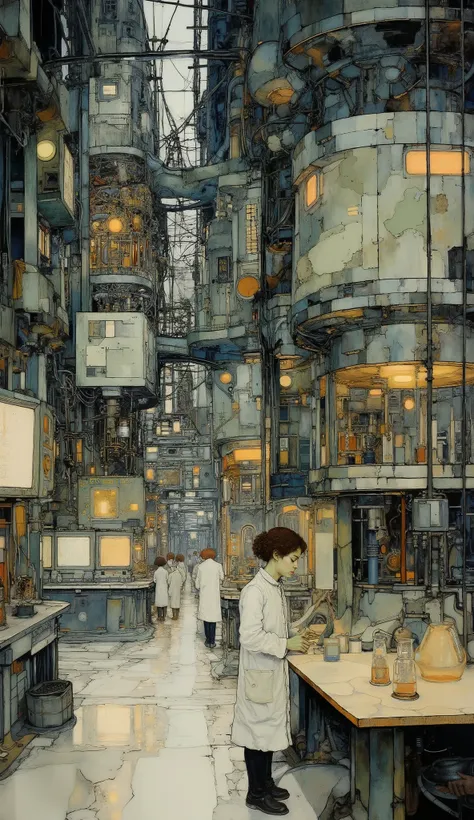 a highly advanced secret laboratory, large industrial complex, futuristic architecture, cutting-edge technology, complex machinery, glowing computer screens, intricate control panels, rows of test tubes and beakers, scientists in white coats working dilige...