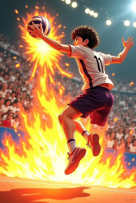 Make Hinata hit the volleyball and fire come out of the ball and 