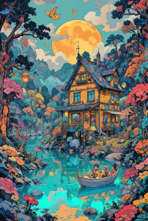 A fantastic crimson sunset in a fabulous forest. Turquoise Lake Ukiyo-e in the jungle - anime. There is a small lemon-colored fairy-tale house with blue windows on the shore. A glowing silver boat floats on the lake. Three rainbow eucalyptus trees, two ...