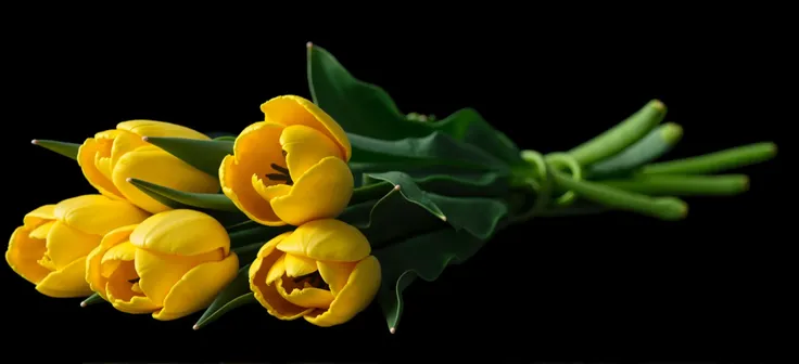 A large and beautiful bouquet of bright yellow tulips with lush green leaves arranged in a natural position on a black background