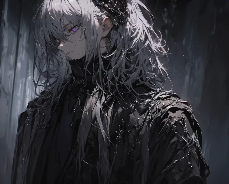 Alone, elegant, 1 male,  black coat , Silver medium hair, Purple eyes,  Slit pupils , high neck, dark atmosphere, masterpiece, best quality, ultra-detailed,