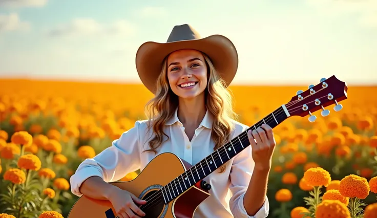 (photorealism:1.2),  "A young woman in a cowgirl style, wearing a cowboy hat and a white shirt, standing in a vibrant field of marigold flowers. She gazes directly at the camera with a joyful and peaceful expression, holding an acoustic guitar in her hands...