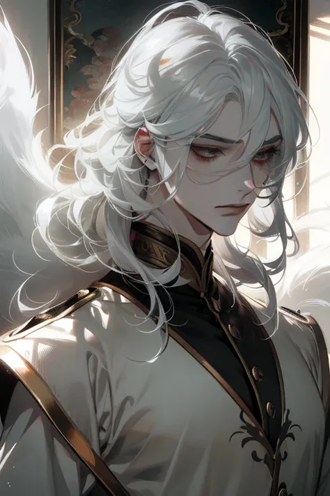 ( top quality),( Masterpiece), Delicately drawn face , A beautiful, clear red iris,( Beautiful silky white hair :1.2), pale skin, Film Light , White lashes , 1 young man, white fox, 9 white foxtails , Nine-tailed Fox,  silver hair,  expressive hair,Draw th...