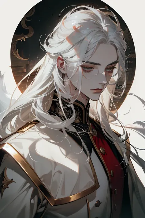 ( top quality),( Masterpiece), Delicately drawn face , A beautiful, clear red iris,( Beautiful silky white hair :1.2), pale skin, Film Light , White lashes , 1 young man, white fox, 9 white foxtails , Nine-tailed Fox,  silver hair,  expressive hair,Draw th...