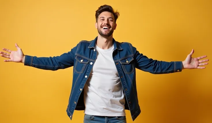 "A muscular and stylish young man stands with his arms wide open as if ready to embrace someone, smiling warmly while saying 'Welcome.' He is dressed in casual layers, wearing a t-shirt and a cool jacket over it. The camera angle is from the front, capturi...