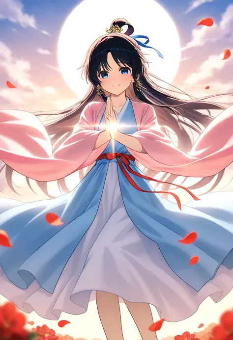 In a scene inspired by Chinese mythology, a boy and a girl embrace in the sky on Valentine's Day, with majestic mountains and rivers stretching below. The boy is surrounded by blue and white gradient ribbons, his clothes billowing to the left. The girl is ...