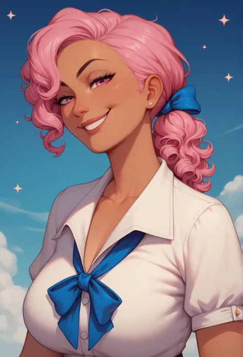 anime style, charming woman, mature adult woman, smug smirk, shoulder length perfect pink hair and pink eyes, ponytail wavy curly hair, feminine features, stary sky background, olive tan skin, conservative perfect blouse lacey blue ribbon, star nighttime s...