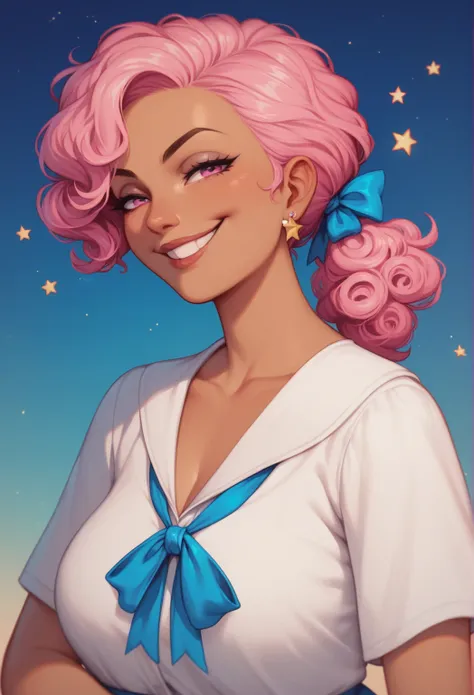 anime style, charming woman, mature adult woman, smug smirk, shoulder length perfect pink hair and pink eyes, ponytail wavy curly hair, feminine features, stary sky background, olive tan skin, conservative perfect blouse lacey blue ribbon, star nighttime s...