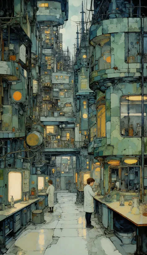 a highly advanced secret laboratory , large industrial complex , futuristic architecture, cutting-edge technology, complex machinery, bright computer screens , intricate control panels , rows of test tubes and beakers of precipitates , scientists in w...