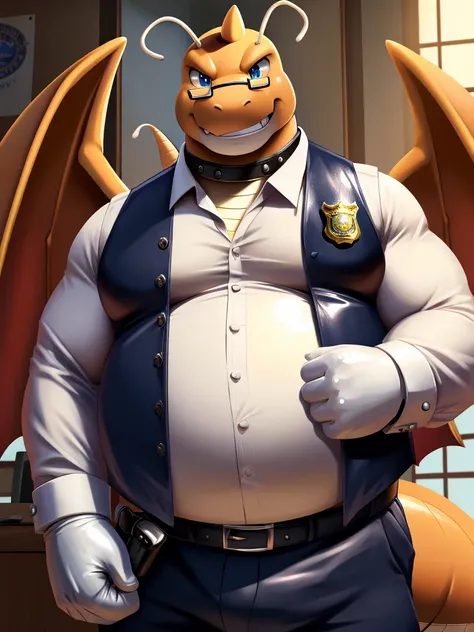 Solo, Male, close up, fat, Musclegut, obese, gentleman, dapper Dragonite, blue eyes, (soft shading), 4k, hi res, ((detailed face, detailed)), looking at viewer, evil grin, police station, collared shirt with buttons, hat, male focus, Police Uniform, glasse...