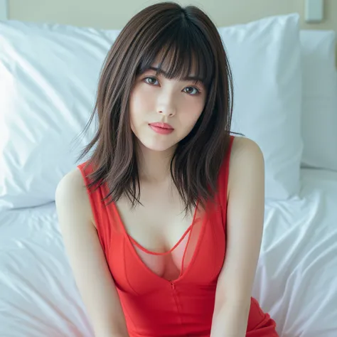 Facial close-up, hamabe, A young woamn with semi-long hair and bangs, She was very sexy, Short stature, revealing her cleavage and collarbone. She was wearing a red Transparent Minidress. She sat on the hospital bed. The background is a hospital ward. The ...