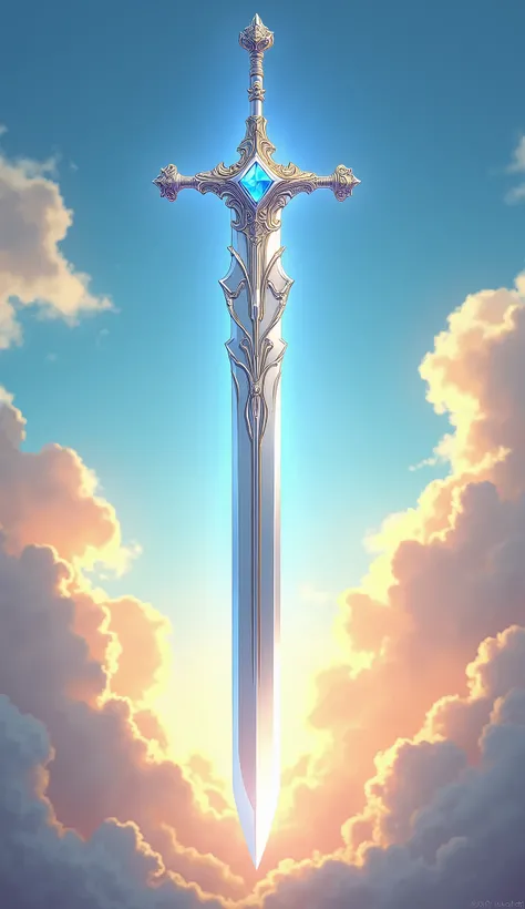 Create a highly detailed illustration of a long silver sword floating in mid-air, known as the Celestial Blade. The sword should have a sleek, polished silver blade that gleams in the light, exuding a radiant and noble presence. At the hilt, a striking blu...