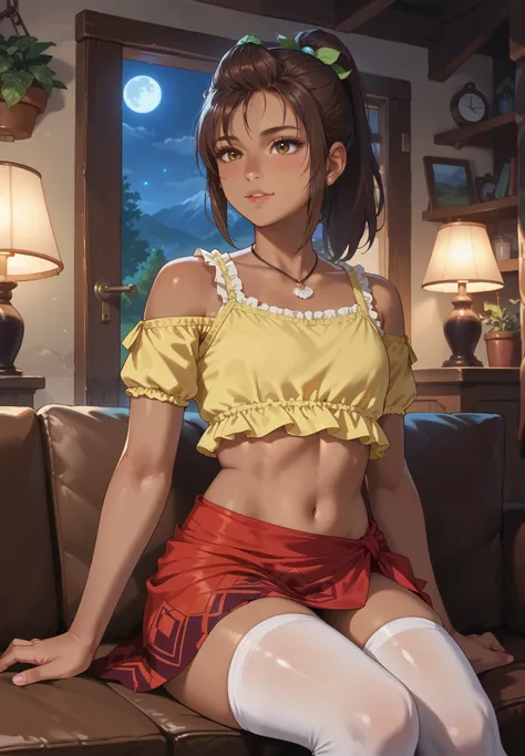 1girl, Priscilla, brown hair, ponytail, dark-skinned female, sitting on a couch, yellow crop top, red sarong, thigh highs, sexy pose, lustful, BREAK, night time, mountain cottage, cinematic lighting,