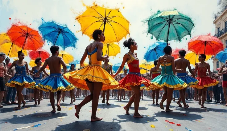 abstract expressionist artwork of Brazilian carnival celebration, swirling paint strokes in style of Van Gogh create movement of frevo dancers, multicolored umbrellas emerge from dramatic ink splashes, double exposure blends traditional carnival motifs wit...