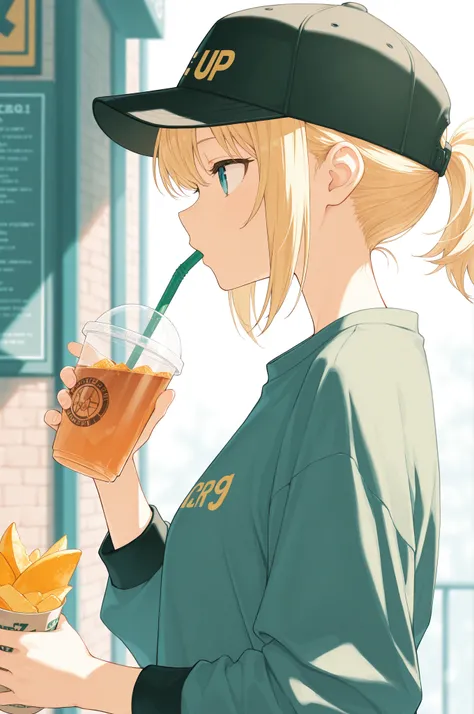 1girl, solo, vivid,
short hair, cup, profile, food, ponytail, drinking, sidelocks, holding, fruit, from side, disposable cup, drinking straw, upper body, looking to the side, baseball cap, holding cup, blonde hair,, masterpiece, best quality, high score, g...