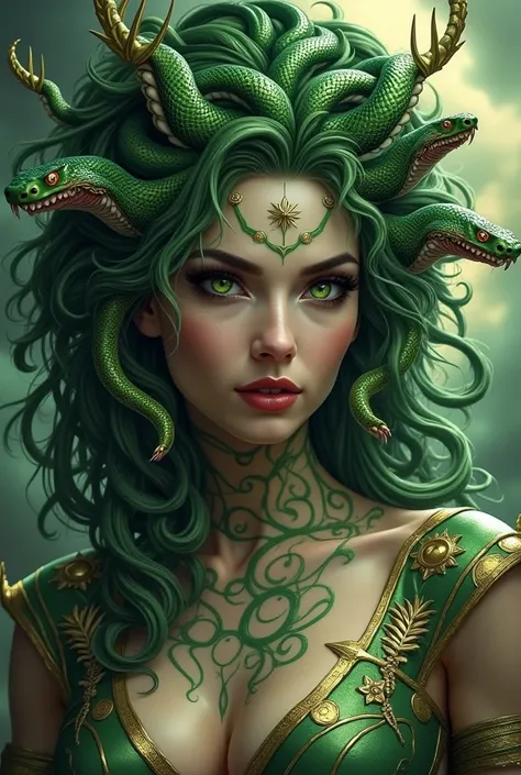  I want a representation of Medusa from Greek mythology for a tattoo .  Must have a strong feminine face ,  with a fierce expression and piercing bright green eyes . Instead of hair,  must have realistic snakes ,  of different sizes and colors ,  some show...