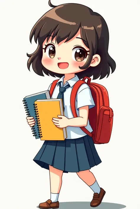  girl short hair up to s shoulders with backpack, school uniform and notebooks in hands in cartoon style 