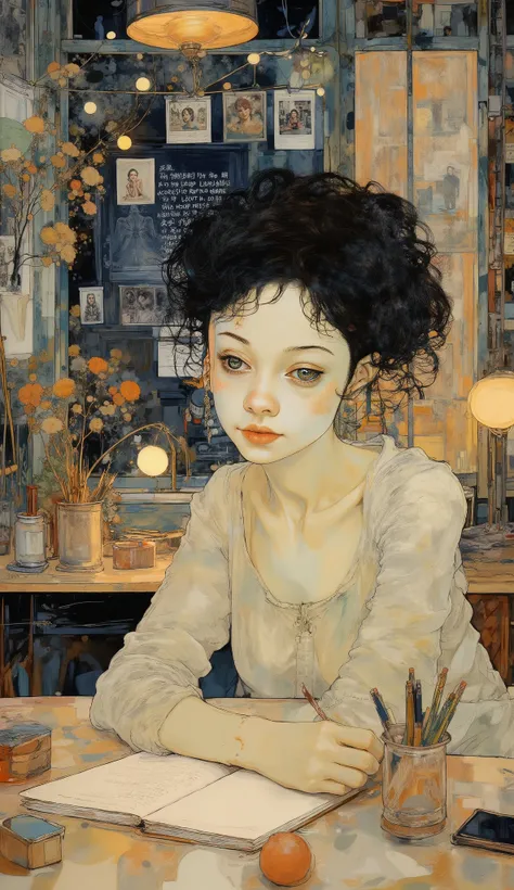 ((( Plan General :1.51) a general plan of a young woman clothes modern and fun , with loose black hair and cyan reflections , has part of her hair tied up in a slightly disheveled and fluffy bun , earrings with rings , red makeup and full lips...