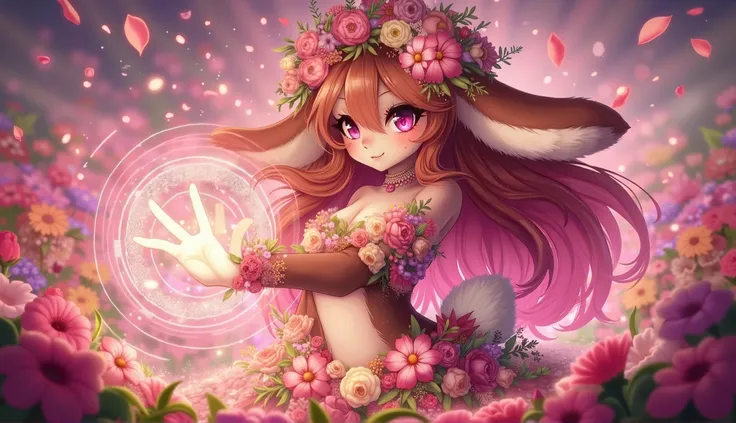 A fluffy brown and pink anthropomorphic bunny with curious eyes and long pink hair. She creates a glowing magical portal with her fingers in a vibrant flower field., blending with the serene, enchanted atmosphere as petals float in the air in anime style