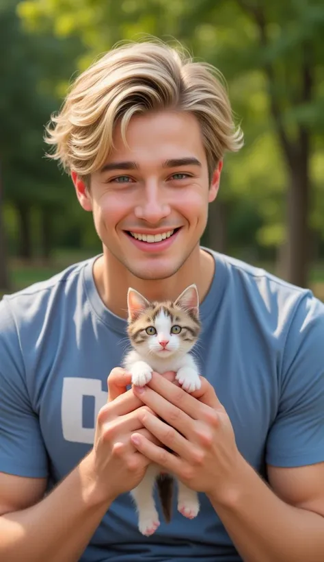 Handsome young man with blond hair smiling while holding a baby kitten