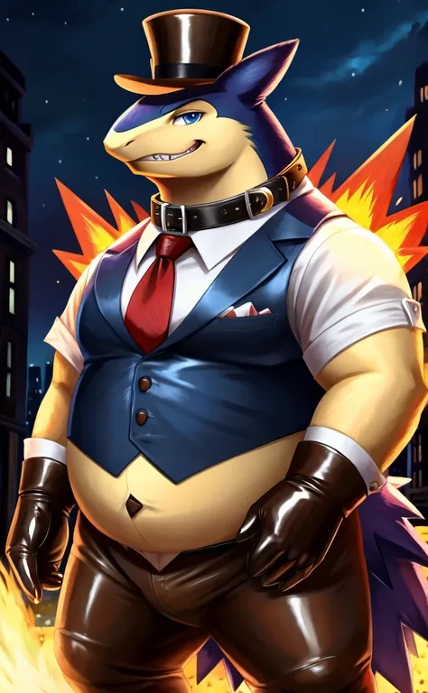 Solo, Male, close up, fat, musclegut, obese, steampunk, 1920s gentleman, dapper Typhlosion, tilting head down, blue eyes, wearing a big leather collar around his neck, (soft shading), 4k, hi res, ((detailed face, detailed)), looking at viewer, evil grin, c...