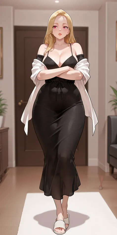 One woman only. An extremely beautiful woman with blonde hair. She has extremely fair white natural skin, red plump lips, big pink eyes, and a slim yet slightly curvy body. She's wearing a sexy revealing short black night dress with spaghetti straps, a whi...