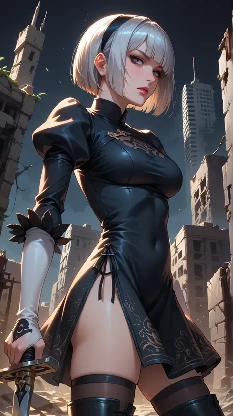  score_9,  score_8_ up the side,  score_7_ up the side, source_ photos,  by Nomi,  bright color,  high contrast,  Brilliant Lighting ,  Mature Adult Women Get Inspired by 2B_\( Nia:Automata\),  detailed face,  beautiful face,  Clear Focus Face ,  anatomica...