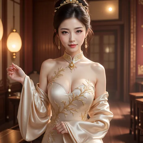 best quality, incredibly absurdres, extremely detailed, 2.5D, delicate and dynamic, beautiful woman, intelligent cool beauty, captivating look, tight up hair, wearing iridescent gradient sleeved cheongsam features intricate and luxurious embroidery, shiny ...