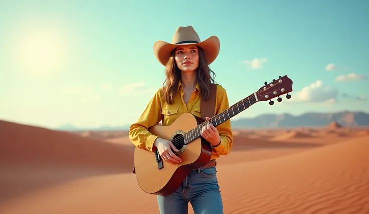 (photorealism:1.2),  "A young woman in a cowgirl style, wearing a yellow shirt, denim jeans, and a cowboy hat, standing in the vast desert landscape. She gazes directly at the camera with a confident and peaceful expression, holding an acoustic guitar in h...