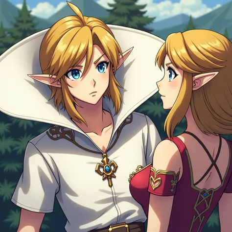 Anime Ocarina of time Emperor Link wearing a Massive popped collar polo with a collar so high it's taller than his head he's with Princess Zelda