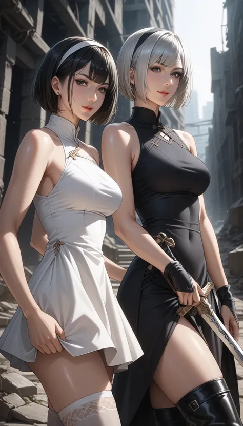  score_9,  score_8_ up the side,  score_7_ up the side, source_ photos,  by Nomi,  bright color,  high contrast,  Brilliant Lighting ,  Mature Adult Women Get Inspired by 2B_\( Nia:Automata\),  detailed face,  beautiful face,  Clear Focus Face ,  anatomica...