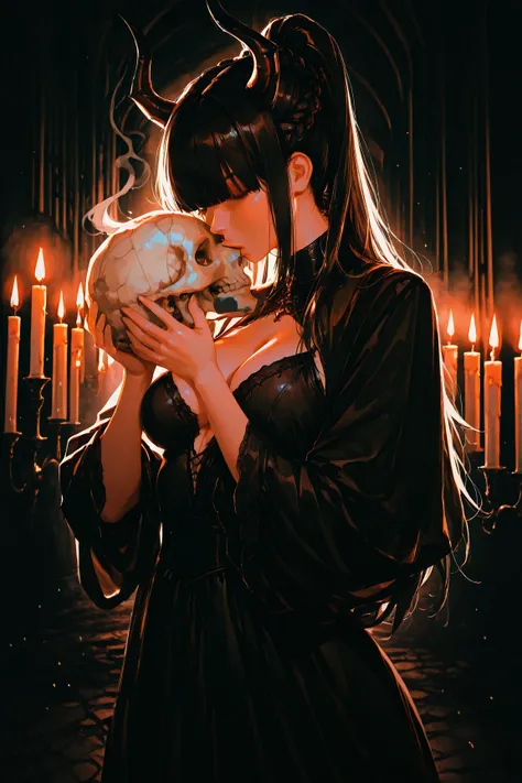 masterpiece, best quality, amazing quality, very aesthetic, 1girl, goth, solo, blunt bangs, hair over eyes, hair covering eyes, long hair, red high ponytail, braid, devil horns, natural breasts, cleavage, mourning dress, (holding skull, kissing skull), hal...