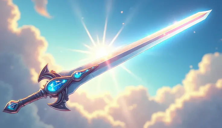 Create a highly detailed illustration of a long silver sword floating in mid-air, known as the Celestial Blade. The sword should have a sleek, polished silver blade that gleams in the light, exuding a radiant and noble presence. At the hilt, a striking blu...