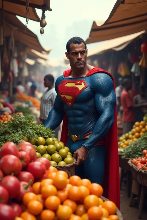 Superman selling fruits in African market 