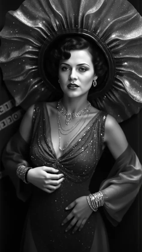 Create a captivating black and white photograph that embodies the enchanting essence of classic 1930s Hollywood glamour. The scene features a one-of-a-kind actress adorned with vibrant bright red lipstick, shimmering , elegant shinning bold and bright colo...