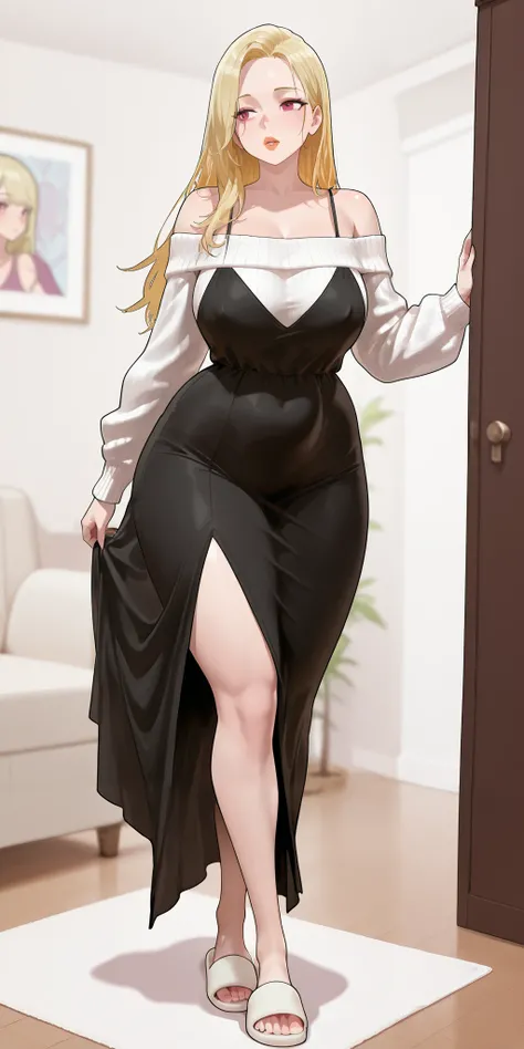 One woman only. An extremely beautiful woman with blonde hair. She has extremely fair white natural skin, red plump lips, big pink eyes, and a slim yet slightly curvy body. She's wearing a sexy revealing black night dress with spaghetti straps, a white swe...