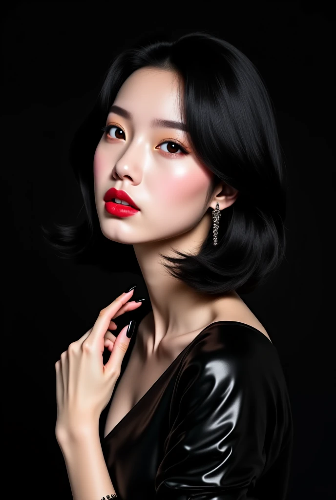 A realistic picture of a realistic K-pop girl with black hair and medium length of elegant hairstyle, shiny skin, sharp eyes, red puffy lips, light makeup, shiny black clothes, black background, long black nails, elegant photo pose 