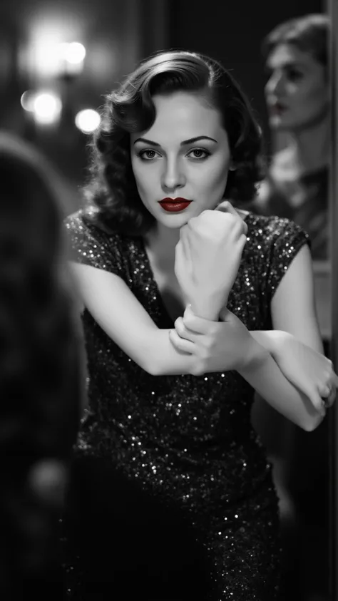 Create a captivating black and white photograph that embodies the enchanting essence of classic 1930s Hollywood glamour. The scene features a one-of-a-kind actress adorned with vibrant bright red lipstick, shimmering , elegant shinning bold and bright colo...