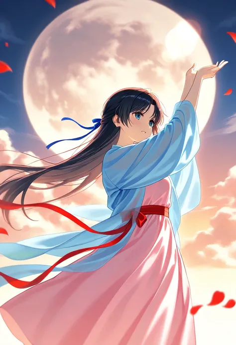 In a scene inspired by Chinese mythology, a boy and a girl embrace in the sky on Valentine's Day, with majestic mountains and rivers stretching below. The boy is surrounded by blue and white gradient ribbons, his clothes billowing to the left. The girl is ...