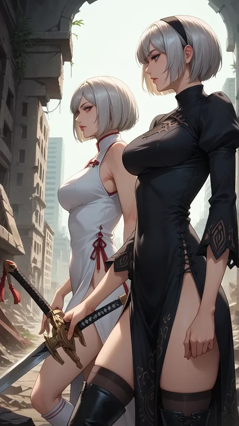  score_9,  score_8_ up the side,  score_7_ up the side, source_ photos,  by Nomi,  bright color,  high contrast,  Brilliant Lighting ,  Mature Adult Women Get Inspired by 2B_\( Nia:Automata\),  detailed face,  beautiful face,  Clear Focus Face ,  anatomica...