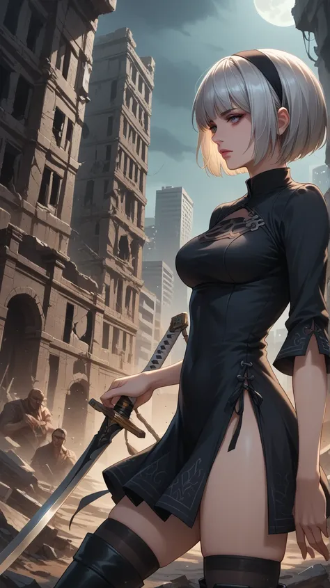  score_9,  score_8_ up the side,  score_7_ up the side, source_ photos,  by Nomi,  bright color,  high contrast,  Brilliant Lighting ,  Mature Adult Women Get Inspired by 2B_\( Nia:Automata\),  detailed face,  beautiful face,  Clear Focus Face ,  anatomica...